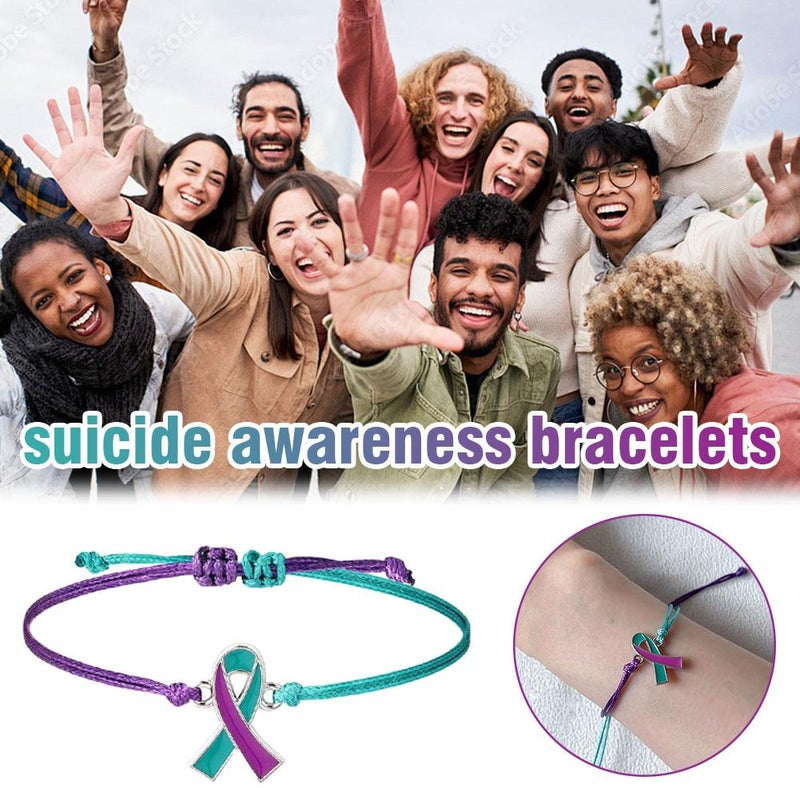 20PCS Suicide Awareness Bracelets,2025 New Bulk Suicide Prevention Awareness Bracelets Teal and Purple Ribbon Motivational Wristband Mental Health Item Charity Campaign Supplies for Women Men - Image 2